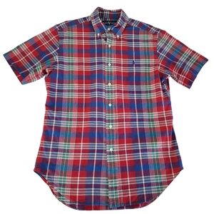 POLO RALPH LAUREN Red Blue Plaid Cotton Short Sleeve Button-Up classic fit m